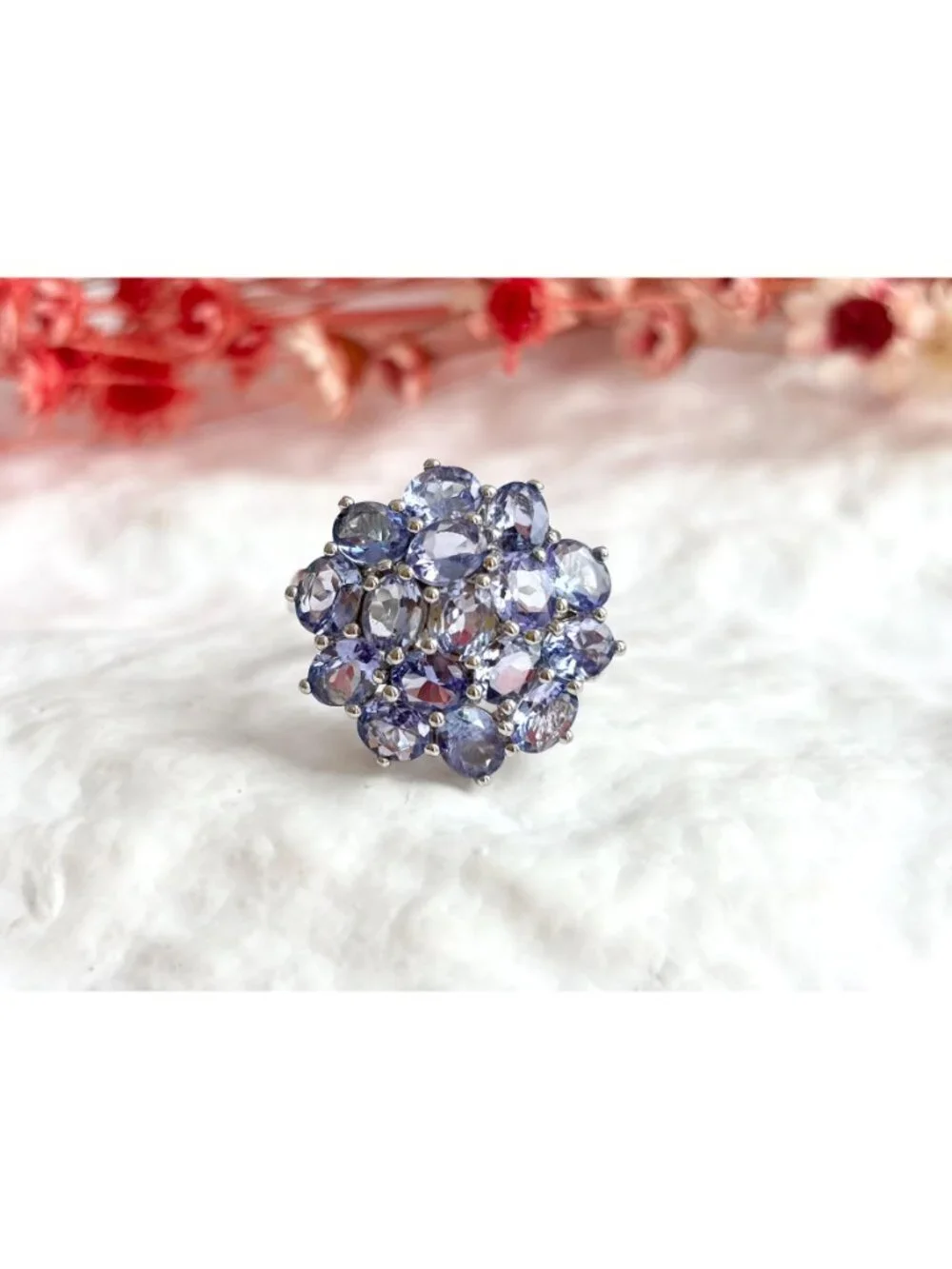 Tanzanite Gemstone Cluster Blooming Floral Sterling Silver 925 Vintage Ring sz 8